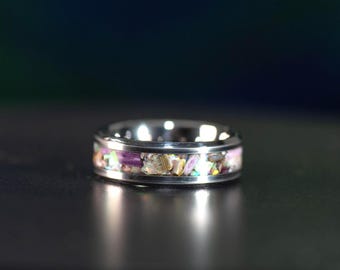 Tungsten Ocean Tide Pool Ring – Handmade Coastal Men’s Ring, Abalone, Mother of Pearl, White Opal & Sea-Inspired Band