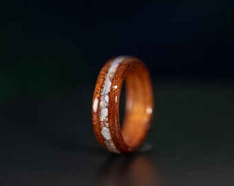 Etimoe Wood Ring with Blue Mother of Pearl and White Opal Inlay, Handmade Nature Inspired Wedding Band, Unique Wood Ring
