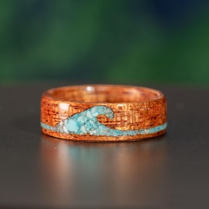 Ocean Ring | Wood Wedding Band | Wave Design Ring | Turquoise and Mother of Pearl Inlay | Ocean Engagement Ring | Mahogany Wood