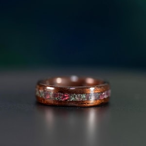 Green Emerald and Garnet Wood Ring | Smoked African Rosewood Solid Wood Ring. Wood Wedding Ring | Wood Wedding Band