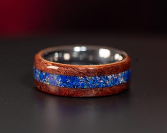 Alianza de boda de secuoya: incrustaciones de lapislázuli y ópalo, núcleo de acero inoxidable