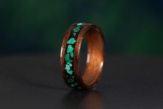 Mens Wood Ring | Malachite and Black Tourmaline Inlay | Wedding | Engagement | Anniversary | Smoked African Rosewood