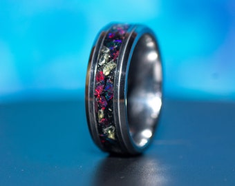 Tungsten Carbide Band with Black Fire Opal, Peridot and Onyx. Ring for men or women anniversaries, engagements, weddings and as a gift