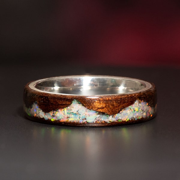 Sterling Silver Mountain Ring with White Opal Inlay and Smoked Rosewood - Handcrafted Nature-Inspired Jewelry