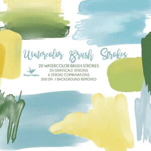 Puede incluir: Un conjunto de 20 trazos de pincel de acuarela en varios tonos de azul, verde y amarillo. Los trazos están aislados sobre un fondo blanco y son perfectos para agregar un toque de textura pintada a mano a tus diseños digitales.