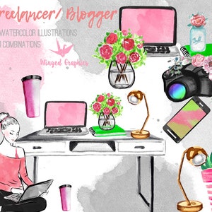 May include: Watercolor illustration set of a freelancer or blogger's workspace. The set includes a laptop, a desk, a camera, a phone, a cup, a lamp, and flowers in a vase. The illustration is in a pink and green color scheme.