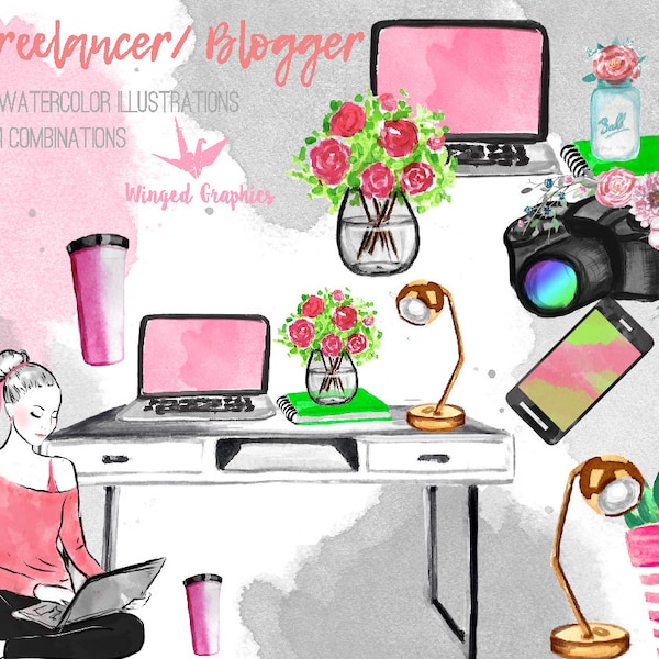 Freelancer / blogger clipart set (Freelanceer/ lifestyle / fashion blogger girl)