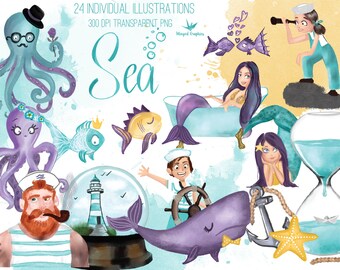 Watercolor magical sea life  illustrations / clipart set of 24 png images 300 DPI on transparent background