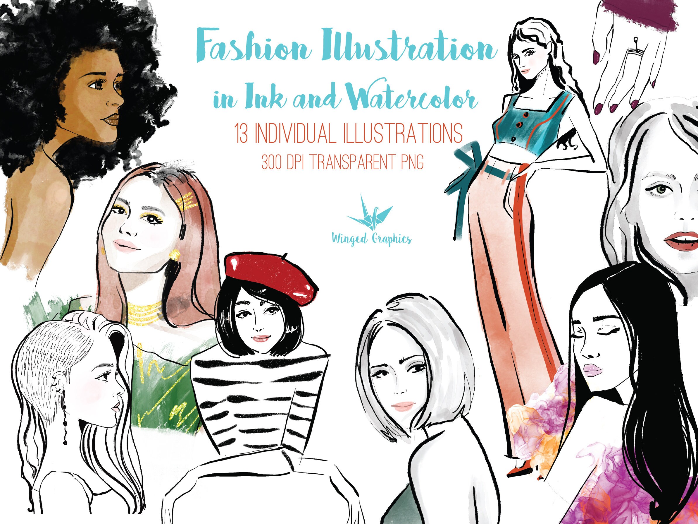 Fashion Illustration in Ink and Watercolor. 14 Individual Hand Drawn  Transparent Png Files, 10\, image size:2387x1790