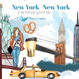 Set di illustrazioni/clipart dipinte a mano in acquerello di NEW York: 8 illustrazioni su sfondo trasparente
