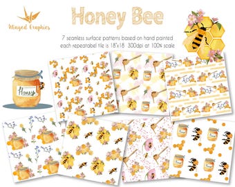 Honey bee: Set of 7 seamless, tileable  surface patters based on hand-painted watercolour illustrations