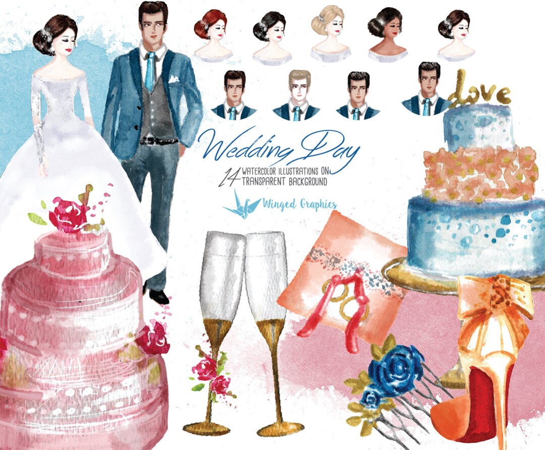 Wedding Day: Set of 14 Beautiful Bridal Watercolor Images on ...
