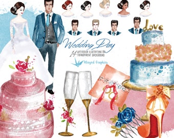 Wedding day: set of 14 beautiful bridal watercolor images on transparent background
