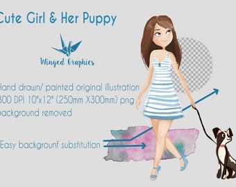 Watercolor Girl and Puppy Illustration, Hand-Painted (Digital Download)