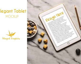 Product Mockup: Elegant I PAD on a marble table . Flatlay