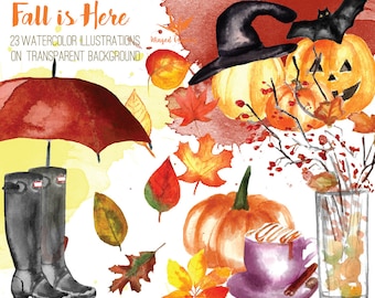 Fall is here: digital watercolor illustrations/ clipart (autumn, Halloween)