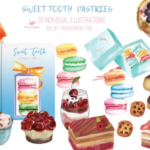Set van 20 aquarel illustraties : gebakken goederen, desserts en gebak. 300DPI 10&quot;x10&quot; en 5&quot;x5&quot; illustraties op transparante achtergrond