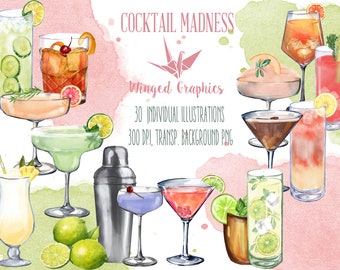 Watercolor Cocktail Illustrations: 30 PNG Clipart Images (Digital Download)