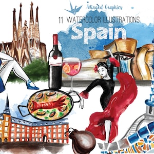 Spanje: aquarel clipart reizen (Madrid, Barcelona, Bilbao)