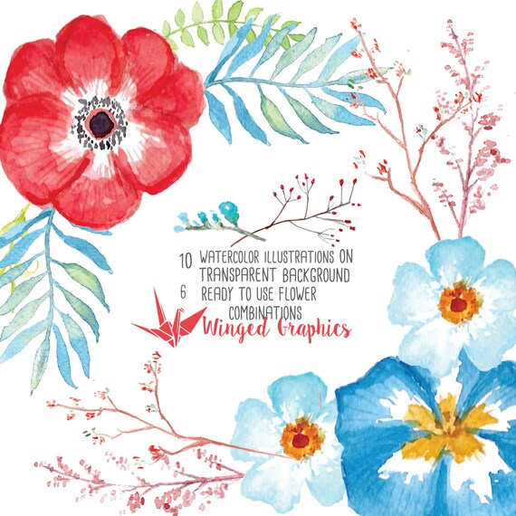 Handpainted Red And Blue Watercolor Flowers And Floral Etsy Handpainted Red And Blue Watercolor Flowers And Floral Etsy