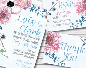 Hand painted, unique, elegant pink and blue floral watercolor wedding invitation kit:Invitation+ a matchingThank You card + RSVP card