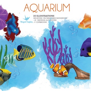 水族館の水彩イラスト / クリップアート: 22 枚のイラストのセット。300 DPI の透明な背景の png