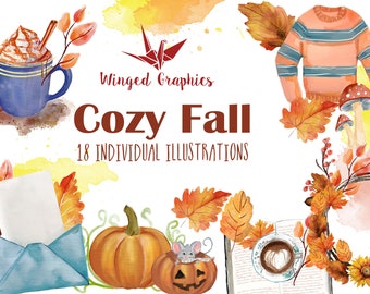 Cozy Fall Watercolor Clipart: Hand Painted Illustrations (Digital Download)