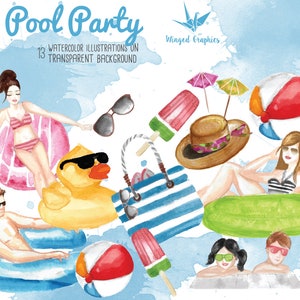 Pool party : digitale aquarel clipart 10 illustraties op transparante achtergrond