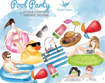 Pool party : digital  watercolor clipart  10 illustrations on transparent background