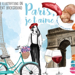 Franse Parijse thema aquarel clipart: Eiffeltoren, wijn, Franse macarons, fiets, croissant, arc de triomphe, Parijse leven
