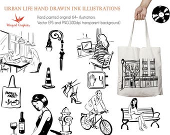 Urban life hand drawn illustrations: streetscapes, people, buildings, coffee shops,benches, street lights, traffic lights. EPS and PNG