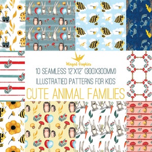 10 nahtlose Muster/ druckbares digitales Papier für Kinder. Illustriert mit süßen Tierfamilien: Hasen, Igel, Giraffen Bienen und Wale