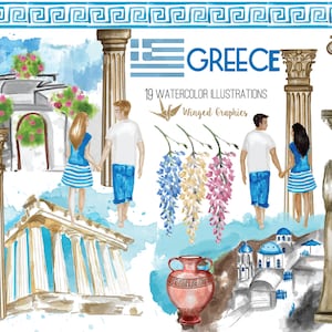 Greece watercolor handpainted illustrations/ clipart set : 10 illustrations on transparent background
