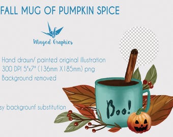 Pumpkin Spice Coffee Cup Watercolor Illustration, Halloween Fall PNG