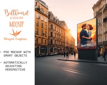 City Billboard Mockup: PSD Smart Object, Golden Hour