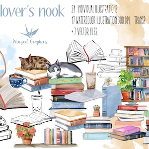 May include: A watercolor illustration set featuring a book lover's nook with stacks of books, a bookshelf filled with books, a cat curled up on a book, a hanging chair, and a cup of coffee. The illustration set includes 24 individual illustrations, 17 watercolor illustrations, and 7 vector files.