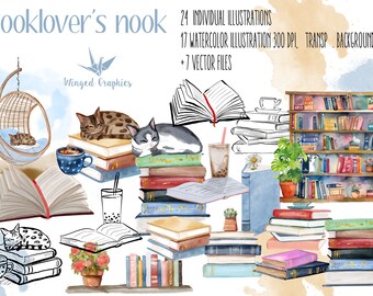 Book nook Watercolor Illustrations | 24 individual Hand-Painted  Watercolor clipart +7 vectors /  300DPI PNG  on Transparent Background