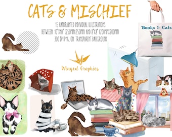 Hand-Painted Mischief Cat Clipart – 15 PNG Illustrations (Digital Download)