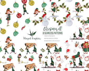 Whimsical Christmas Elf Seamless surface Patterns. Festive Digital Paper (Digital Download)