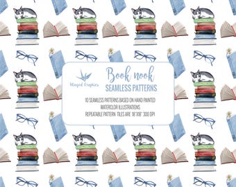 Watercolor Books: Seamless Patterns, Cozy Reading scenes (Digital Download)
