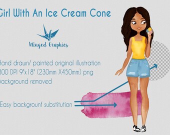 Watercolor Girl with Ice Cream Illustration, Transparent PNG (Digital Download)