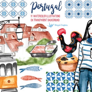 Portugal: watercolor travel illustrations set of 11 (300 dpi png on transparent background)