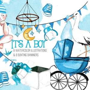 It&#39;s a boy / baby boy: 8 illustrations and clipart  and 8 bunting banners