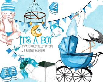 It's a boy / baby boy: 8 illustrations and clipart  and 8 bunting banners