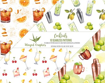Watercolor Cocktail Seamless Patterns – 10 Hand Painted Drink Designs: 300 dpi,  12"x12"  seamless repeatable tiles.