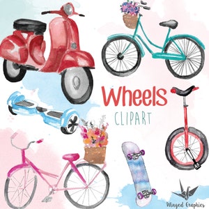 Wheels:  Handpainted watercolour clip art- bicycles, vespa, hoverboard, skateboard, mono-cycle/ digitally edited , transparent background/
