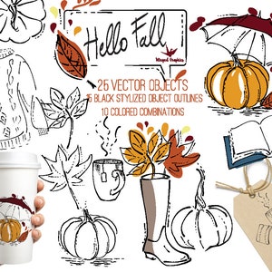Herfst / herfst thema vector illustraties, clipart set van 25 (15 zwart-wit krabbels +10 gekleurde combinatie sets) )