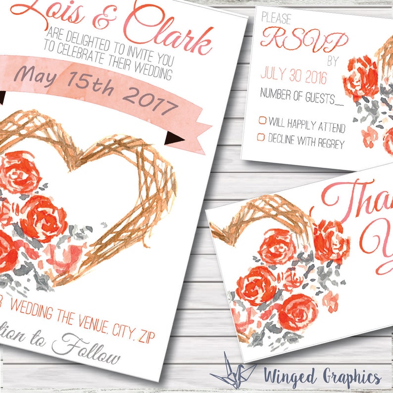 elegant watercolor wedding invitation kit Hand painted unique wedding invitation with a matching Thank You card and RSVP card