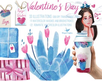 Valentine's day, romantic watercolor illustrations/ Clipart : set of 33