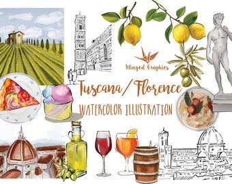 Italy Tuscany Watercolor Clipart, Florence Illustrations (Digital Download)